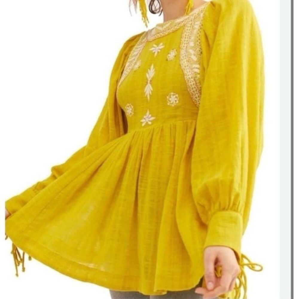Free People Mustard Yellow Embroidered Peasant Tunic